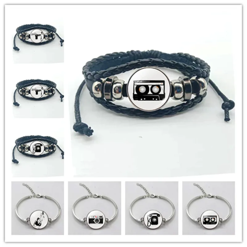 Vintage camera photo and phone black leather bracelet, DIY glass cabochon multilayer bracelet, gift for photographer