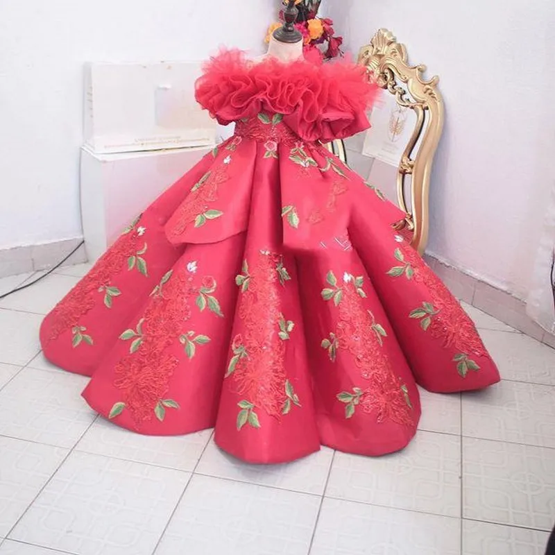 Abiti da spettacolo per ragazze di anguria con spalle scoperte Appliques di pizzo Flower Girls Dress abito da compleanno per servizio fotografico