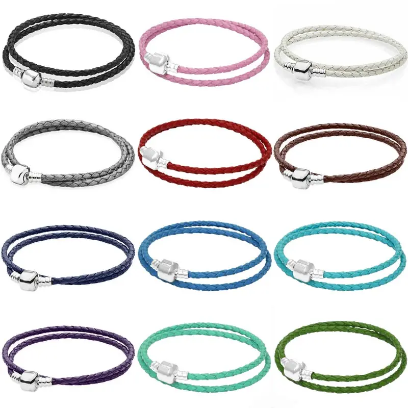 

100% 925 Sterling Silver Genuine Leather Ball Circular Clasp Snake Chain Bracelet Bangle Fit Fashion Bead Charm Trendy Jewelry