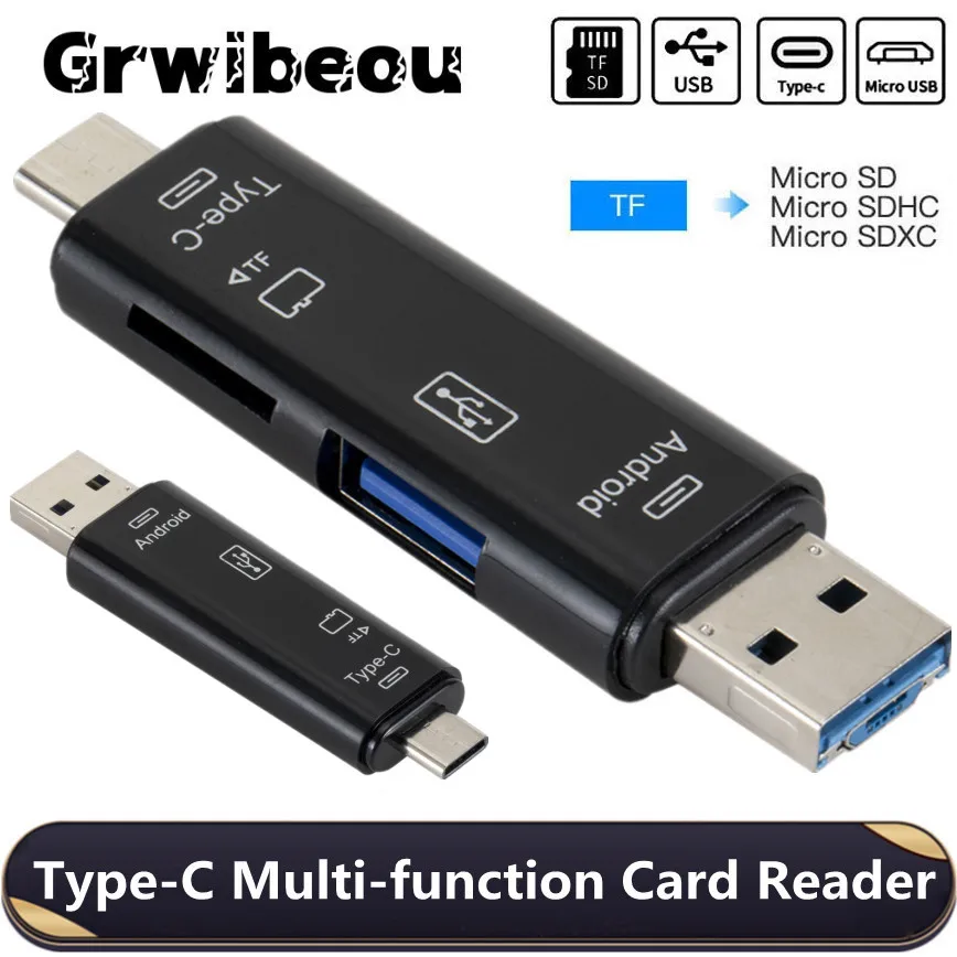 Grwibeou Typ C i Micro USB i USB 3 w 1 Szybki uniwersalny czytnik kart OTG TF do telefonów z systemem Android Przedłużacze komputerowe
