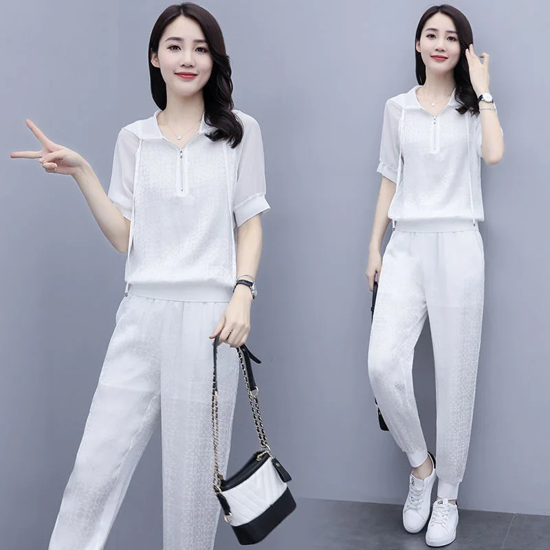 Summer Casual Hooded Tracksuit Women White Pullover Short Sleeve Tops & Drawstring Pants Two Piece Sets Jogging Femme Cool S-3XL