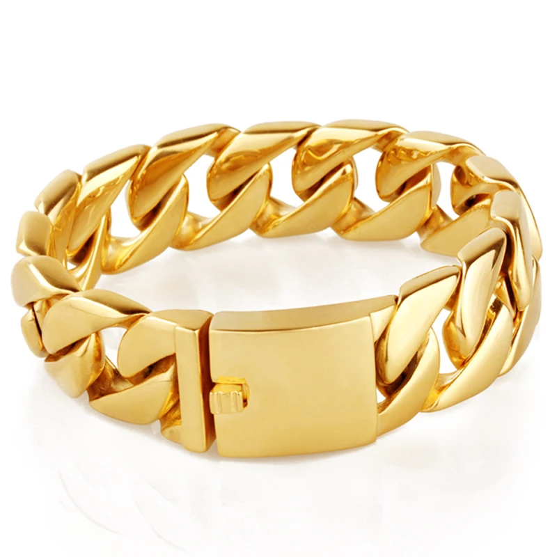 

Granny Chic Heavy Jewelry Men Women Bracelet 316L Stainless Steel Bracelet Wide 26mm Gold Color Cuban Curb Chain Bangle