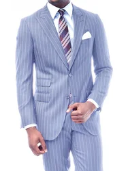 Men Fashion Suits For Men Tailor Made Striped Suits 2020 Formal Man Suits Slim Fit Light Blue Chalk Stripe Suits For Men Costume