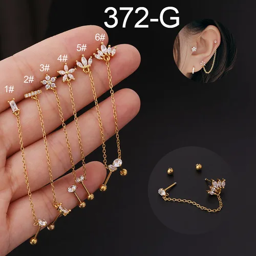 1 조각 0.8mm 스테인레스 스틸 플라워 크라운 더블 홀 체인 연골 스크류 백 스터드 귀걸이, 귀 헬릭스 피어싱 쥬얼리 