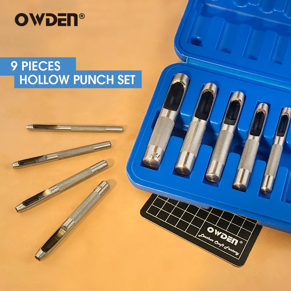 OWDEN 9Pcs Leather Hole Punch Set Leathercraft Belt hole Punch Canvas Hollow Punch Leather Tools Kit