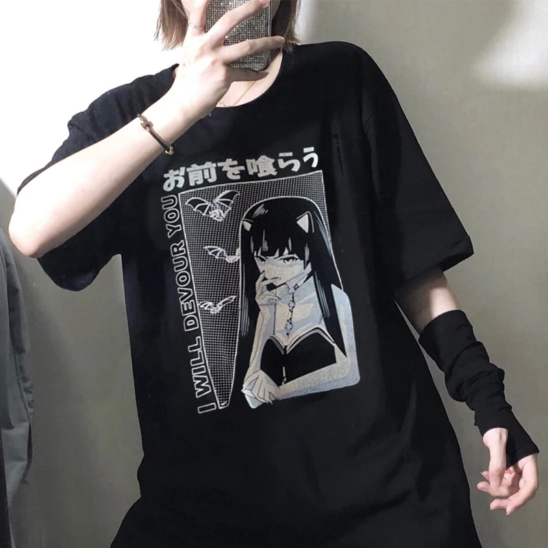 2021 Japanese Style Harajuku Female Tshirts Black Short Sleeve Hipster Tees Plus Size Loose Short Sleeve Gothic Cool T Shirts