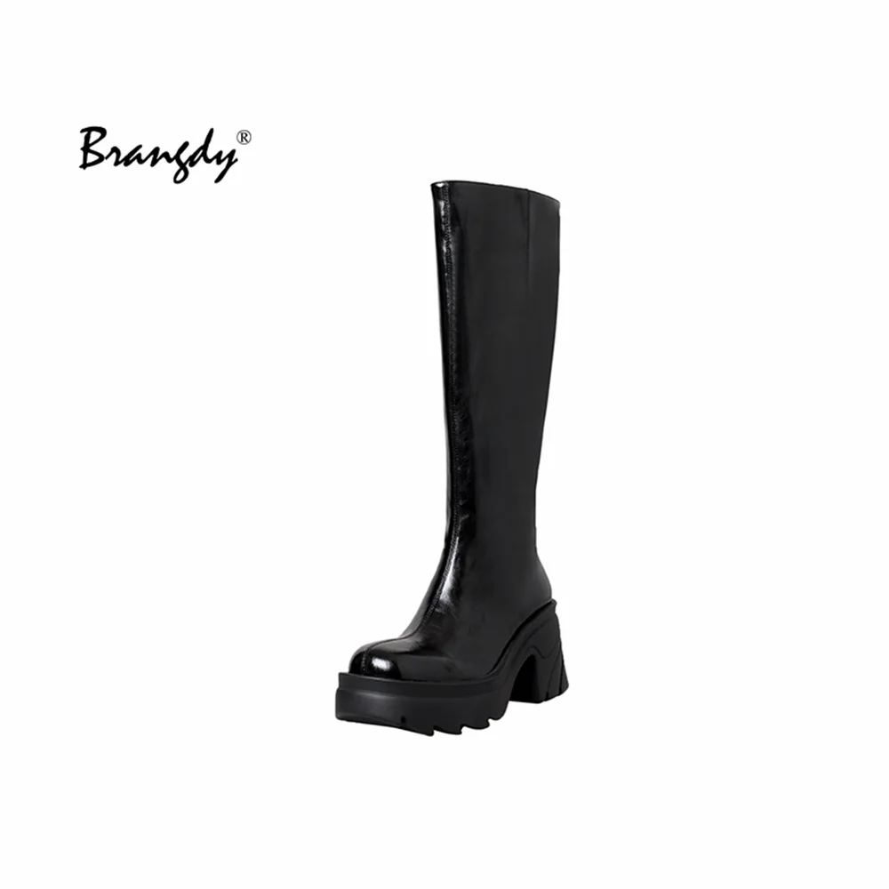 Brangdy New Brand Female Fashion Platform Chunky High Heels Zipper Knee high Boots Woemn Zipper Metal Punk Autumn Shoes Woman