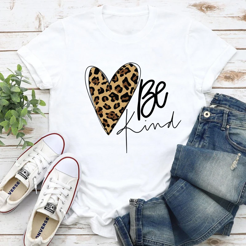 Leopard Heart Be Kind T-shirt Vintage Christian Bible Verse Tee Shirt Top Cute Women Short Sleeve Graphic Kindness Tshirt