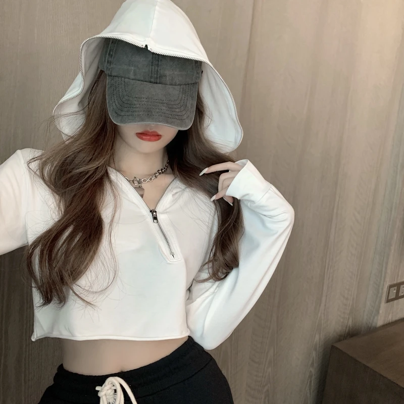 

2021 Autumn Solid Basic Sweatshirts zipper For Women Casual Long Sleeve Female Cropped Hoodies Korean Streetwear Outfits