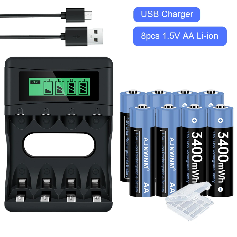 

1.5v 3400mWh aa rechargeable Battery li-ion lithium battery aa 1.5v+ 4 slots USB Charger for aa aaa 1.5v lithium battery