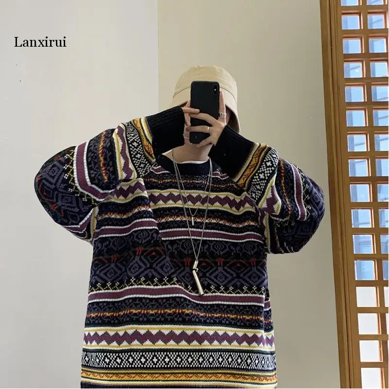 Winter Sweater Men\'s Warm Fashion Retro Casual O-neck Knit Pullover Men Streetwear Knitting Sweaters Male Sweter Clothes M-2XL