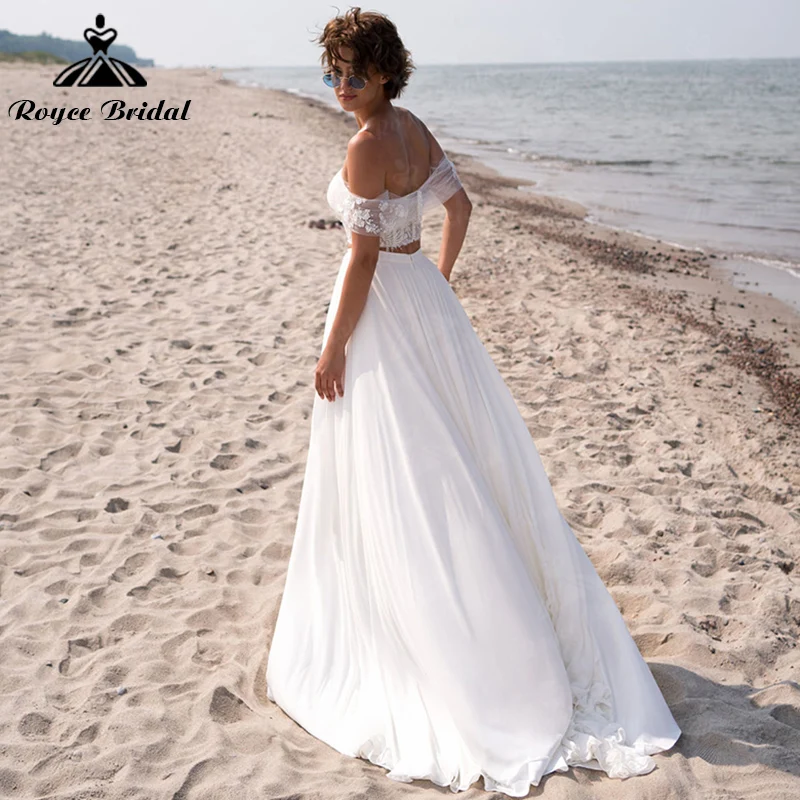 Uma linha praia fora do ombro rendas apliques chiffon duas peças sem encosto boho vestido de casamento para boda playa roycebridal