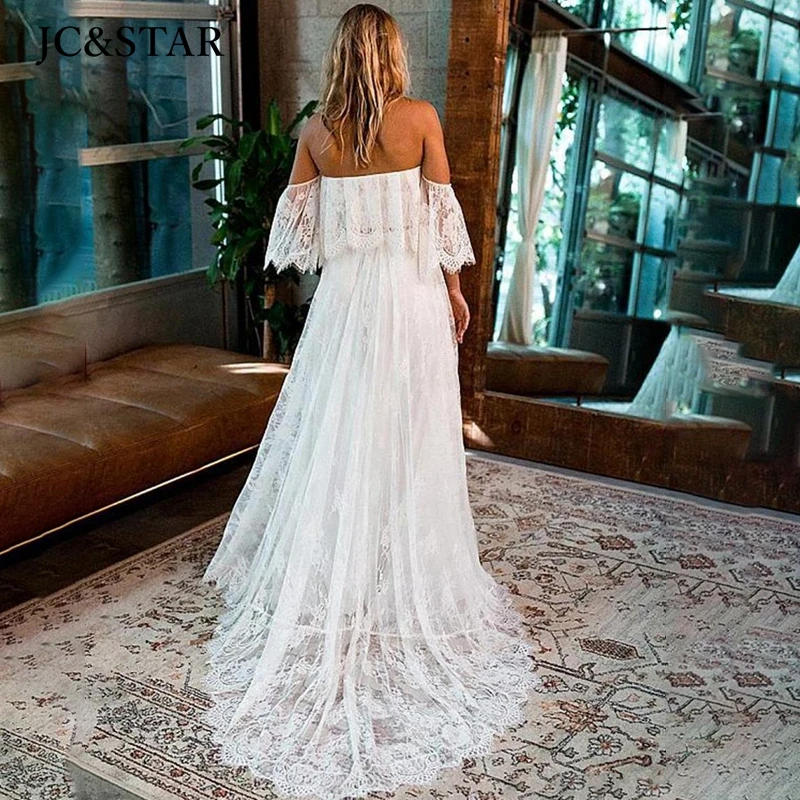 vestido noiva boho  Lace Applqiue Sweep Train Off Shoulder Elegant Bohemian Wedding Gowns Backless Beach Bridal Dress