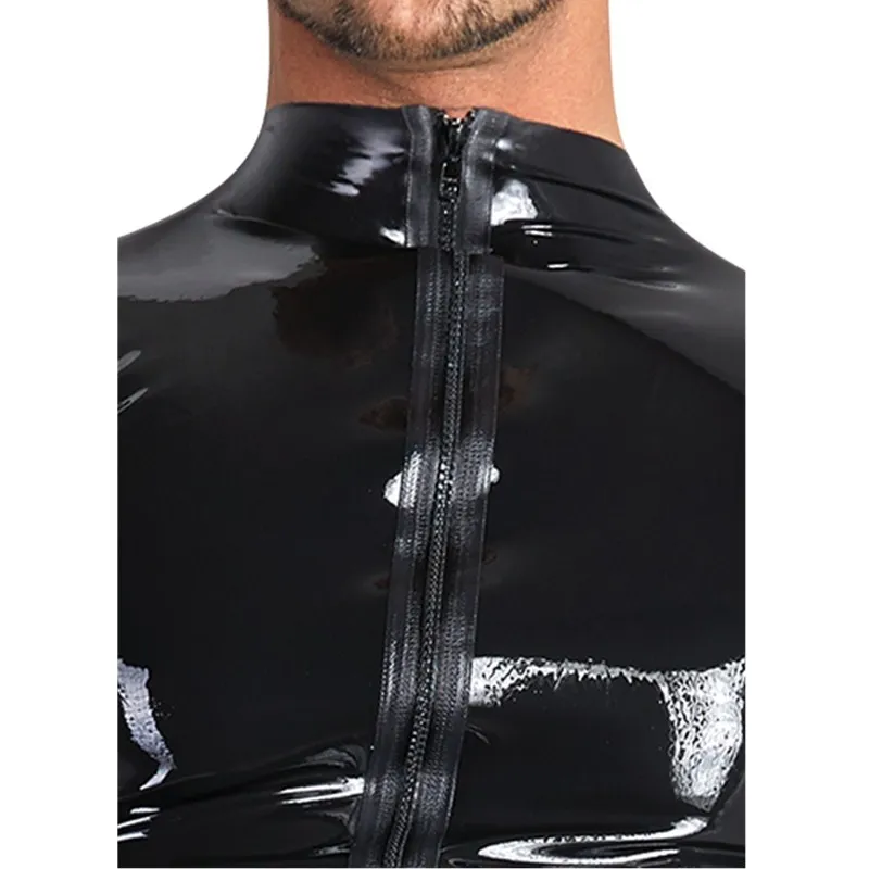 Wetlook-camisetas de cuero de PVC para hombre, Tops negros Punk ajustados, ropa de Fitness de manga corta con cremallera, Tops de escenario, ropa