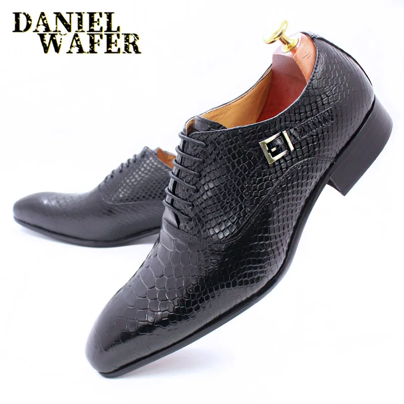 Modische Herren-Lederschuhe mit Schlangenhaut-Aufdruck, klassische Schnürung, Oxford, formell in Wein, Blau, Kaffee, Schwarz – spitze Zehenpartie – Detail 6