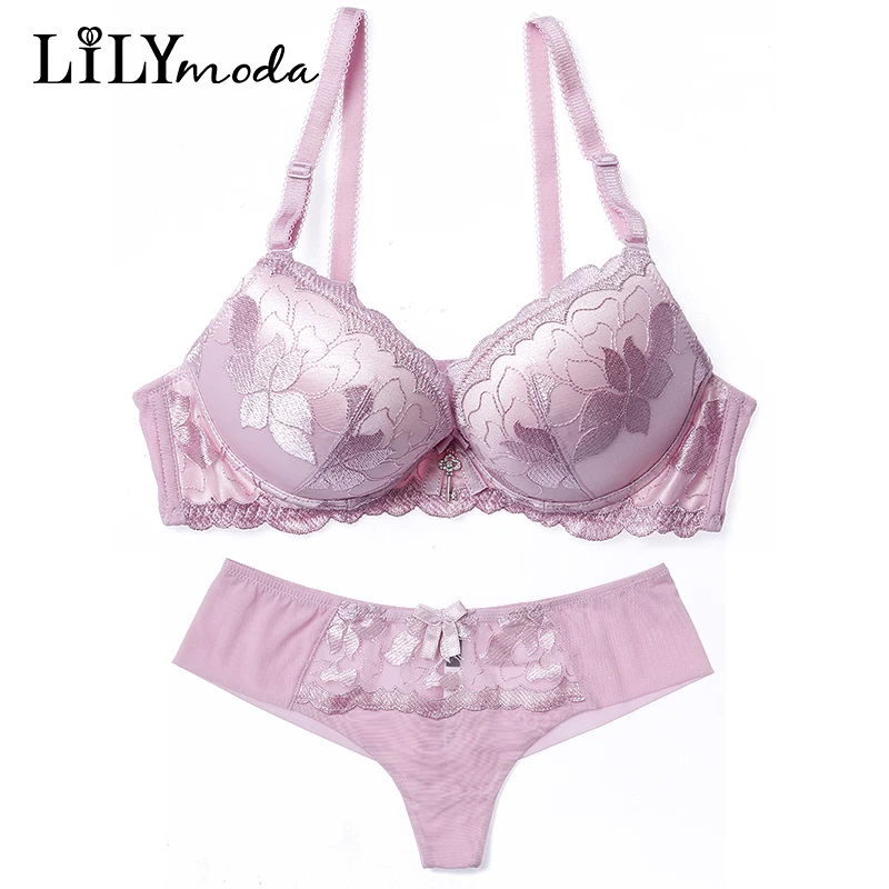 Women Push Up Floral Lace Embroidery Bra Underwear Sets Sexy Female Lingerie With T Back Thongs Seamless Lady Brassiere Panties