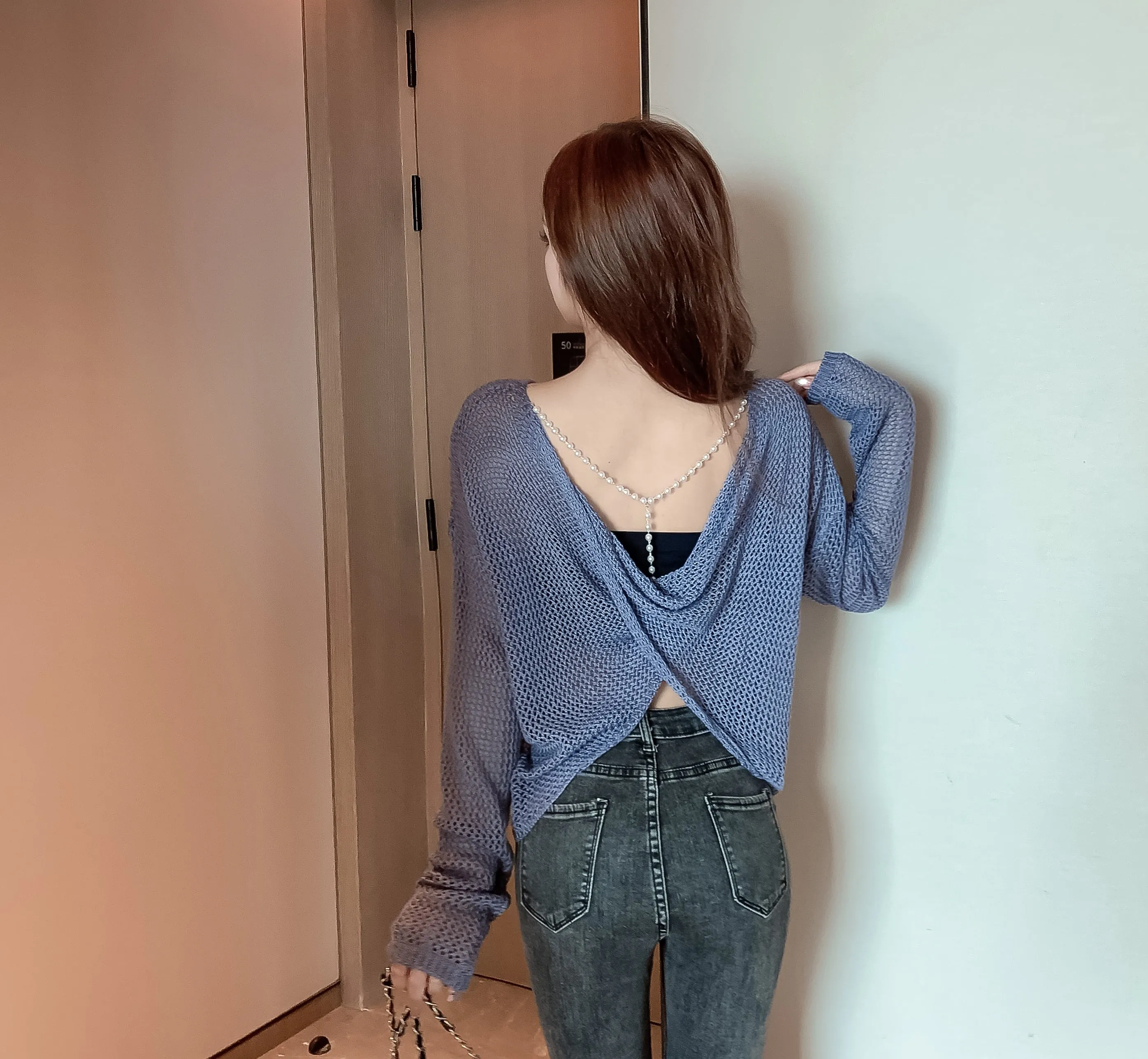 Women 2023 Summer Long Sleeve Sweater Sexy Backless Hollow Out Cross Pearl Knit Pullovers Fashion Clothing Sweet Girl