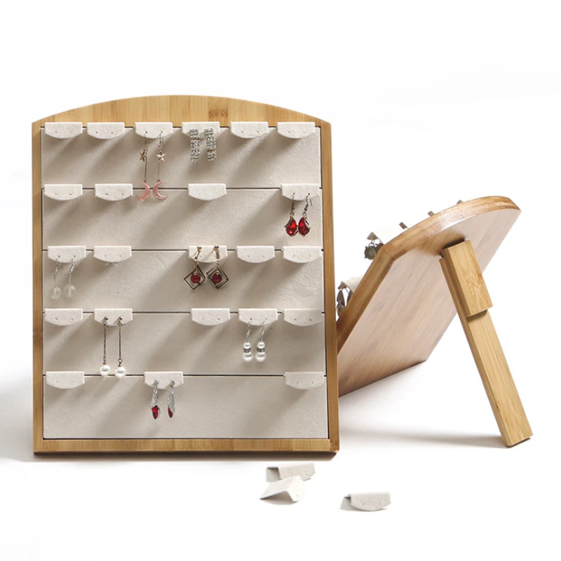New Luxury Bamboo L/M Capacity Earrings Display Stand Rack Jewelley Display Holder Stand Velvet Jewelry Organizer Wholesale