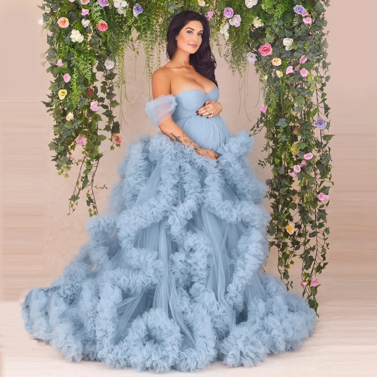 

Dusty Blue Ruffled Tulle Maternity Gown Off the Shoulder Fluffy Long Pregnancy Photoshoot Dress Extra Puffy Photography Dresses