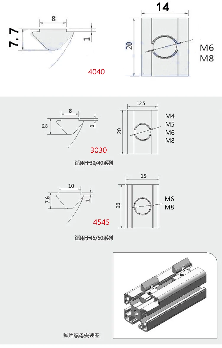 Drop-in-T-Mutter mit Federblech für Aluminium-Extrusion mit Profil der Serien 3030/4040/4545 – Detail 1