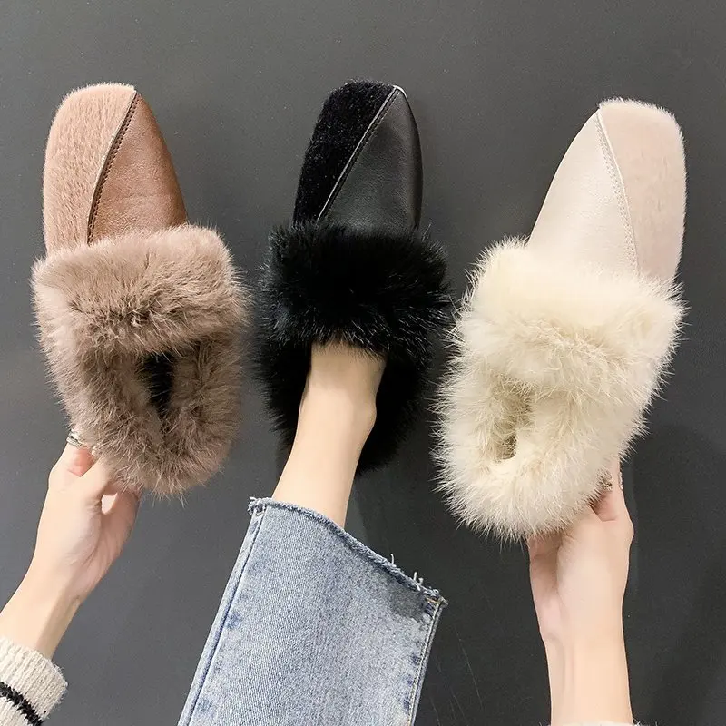 Kobiety puszyste buty zimowe ciepłe futrzane mokasyny Slip On muły kapcie kwadratowe Toe kobiece mokasyny Comzy antypoślizgowe buty zimowe Casual