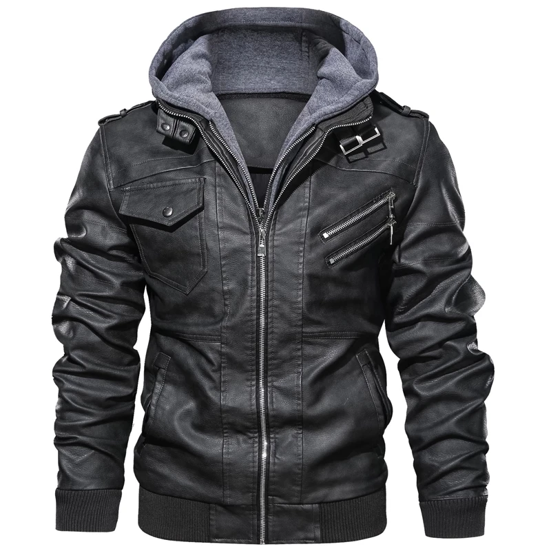 Men\'s Autumn Winter Motorcycle Leather Jacket Windbreaker Hooded  Jackets Male Outwear Warm Baseball Jackets Plus Size 3XL