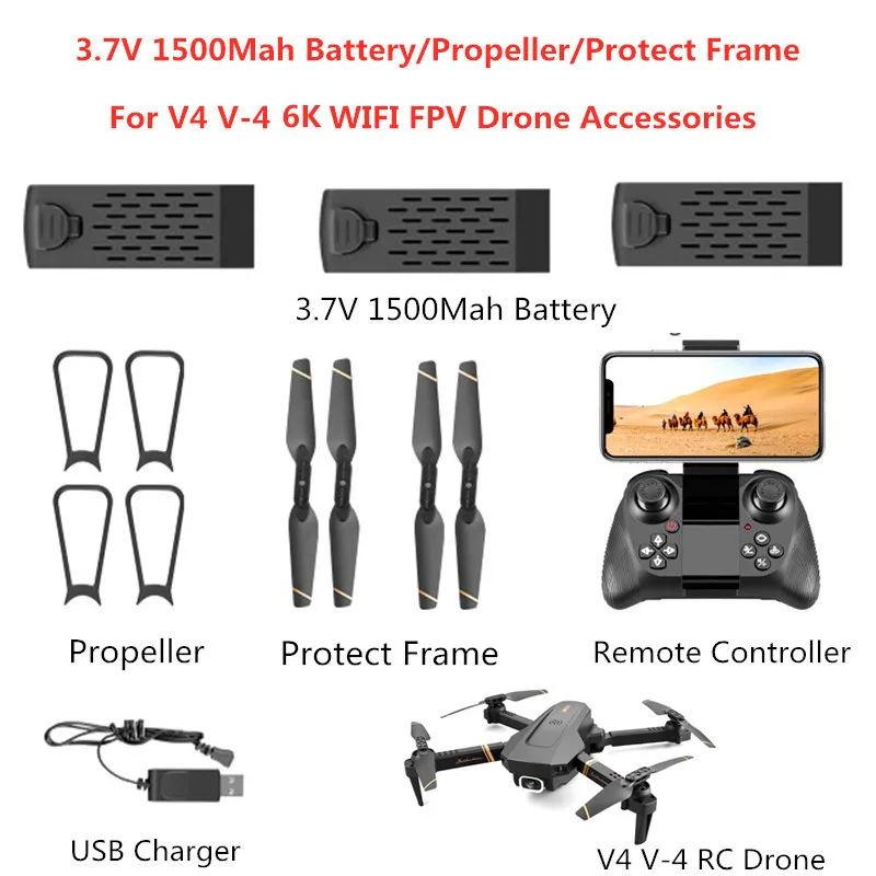 

3.7v 1500mah Battery Charger Propeller Remote Controller Protect Frame For V4 V-4 6k Rc Quadcopter V4 Accessories Blade