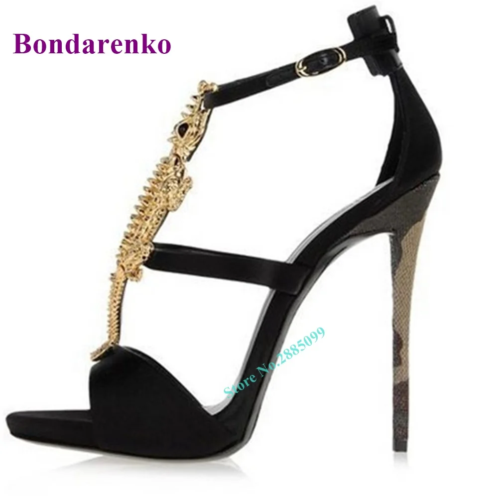 Crocodile Metal Open Toe Sandals Hollow Solid Ankle Buckles Cover Heel Sandals Women Shoe Thin High Heel Summer Party Dress Shoe