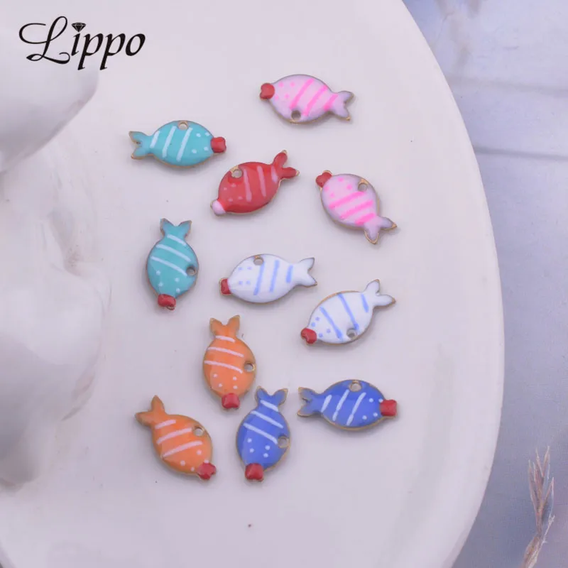 30pcs  1*6*12mm Double Faced Enamelled Colorful Fish Charms Animal Pendant  Diy Jewelry Accessories