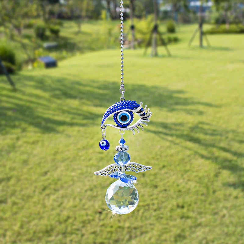 

H&D Crystal Angel Suncatcher with Turkish Blue Evil Eye Rainbow Maker Fengshui Home Decor Lucky Protection Housewarming Gift