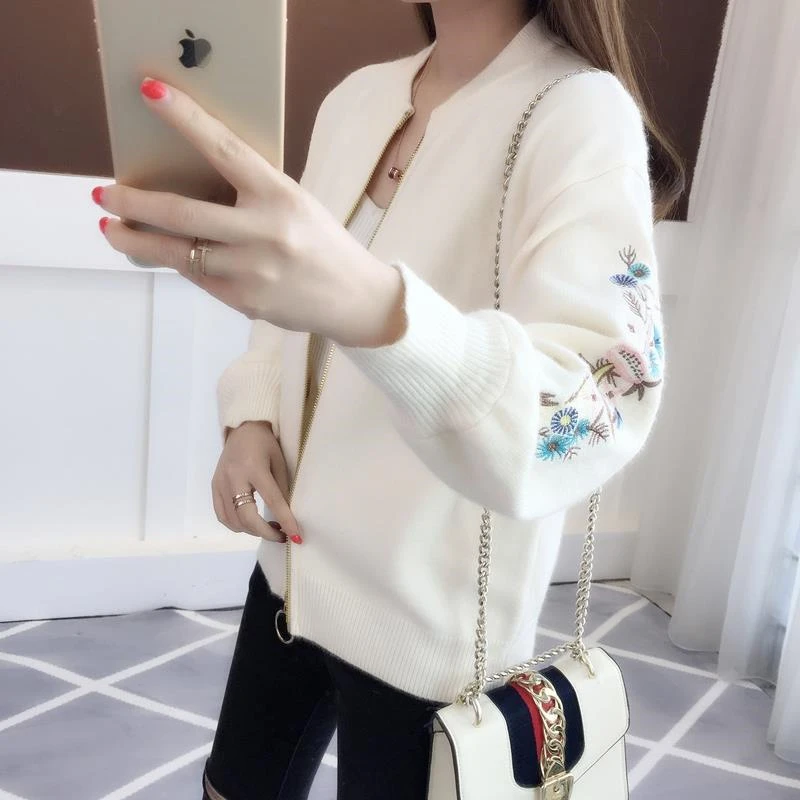 Casual Embroidered Zipper Knitted Coat Women Korean O-Neck Long Sleeve Sweater Cardigan Spring Fashion Knit Baseball Jacket Tops