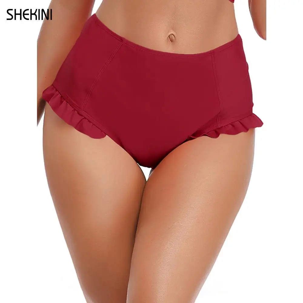 SHEKINI Womens Ruffle Trim Bikini Bottoms Vintage High Waist Swimming Pants Solid Briefs Swimsuit Panties Beach Swim Trunks