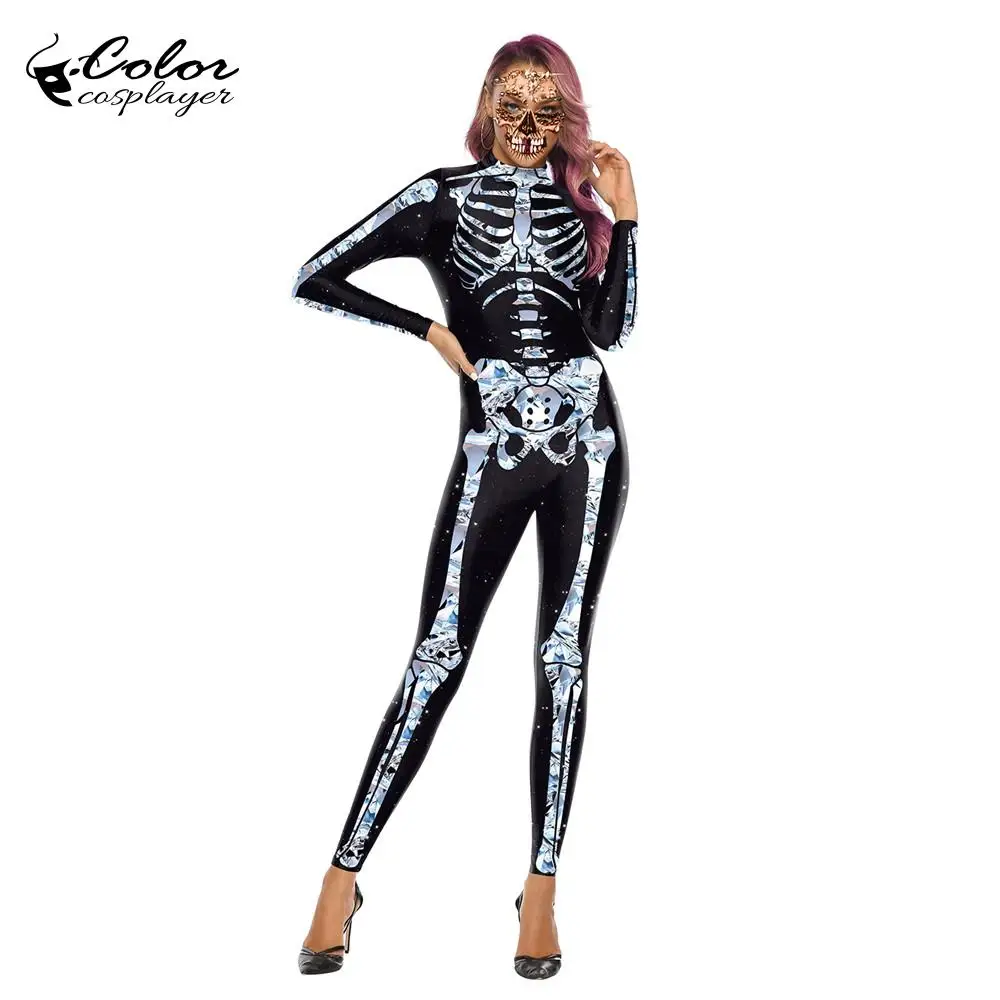 Color Cosplay Rose Skeleton Halloween Costume Bodysuit for Women Purim Carnival Party Cosplay Custome One Piece Jumpsuit