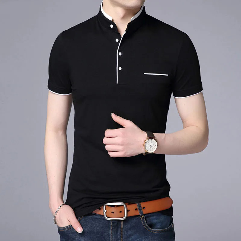New Summer Short Sleeve Men T Shirt Fashion Slim Fit Stand Collar Men\'s Tops Tees Cotton Business Casual Mens Clothing 2022