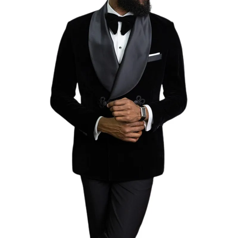 Double Breasted Groom Tuxedo for Wedding Black Velvet Men Suits 2 Piece Tailor Made African Male Fashion Blazer with Pants