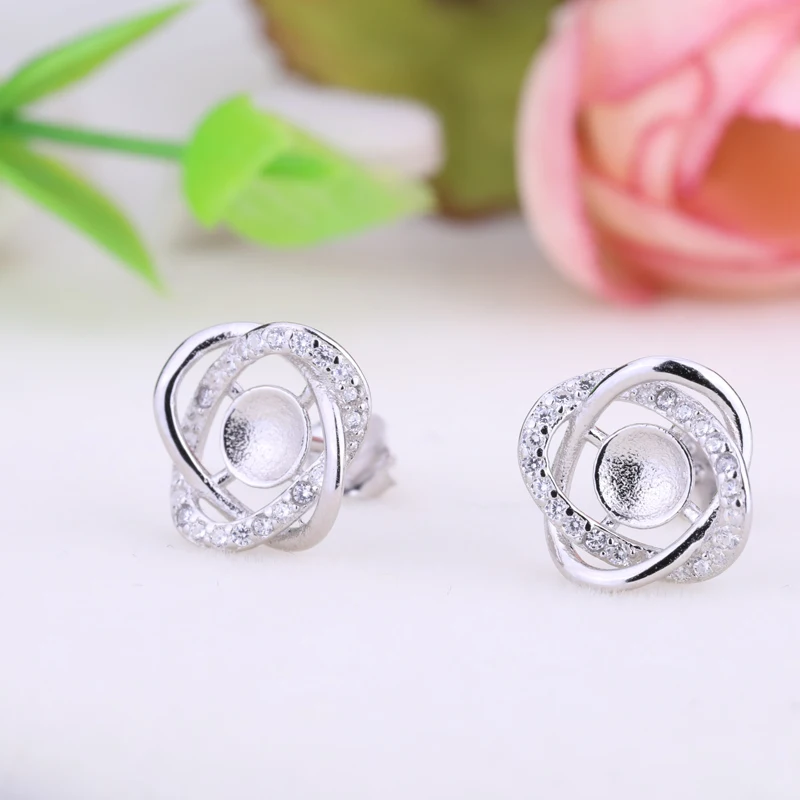 925 Sterling Silver Women Stud Earrings Crystal 6mm 7mm Round Bead or Pearl Semi Mount Earrings Fine Jewelry Setting