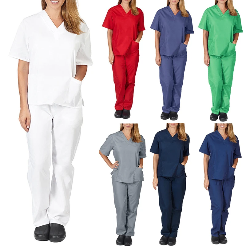 Two Piece Set Solid Color Scrub Suit V-neck Short Sleeved Nursing Uniform Set Tops+Pants Fast-drying Suits
