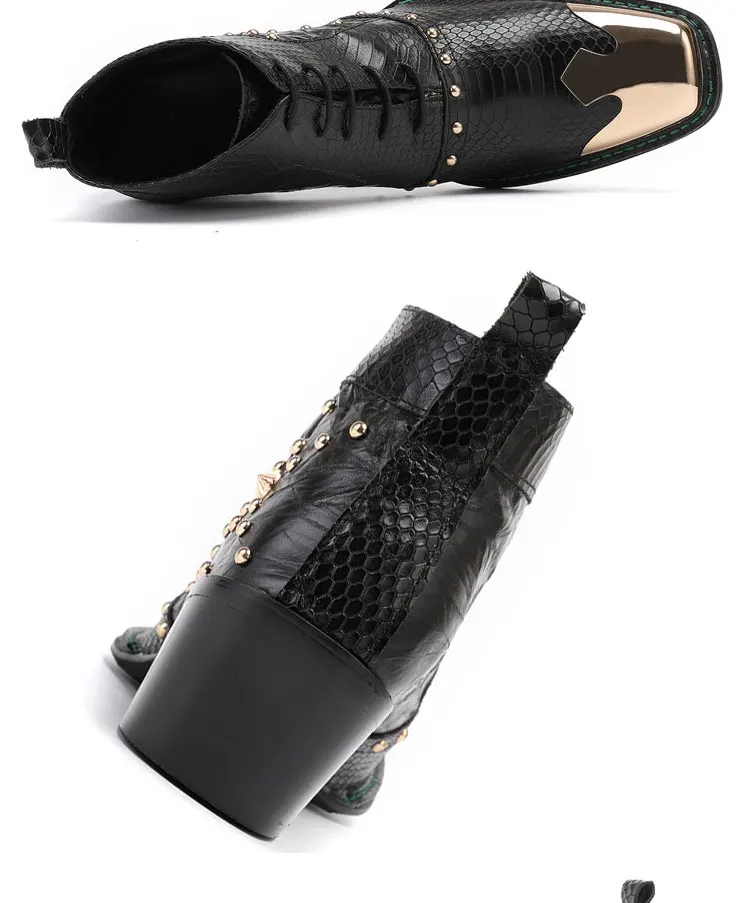 Men's Cowhide Serpentine Print Metal Decor Pointed Toe Belt High‑Heel Short Boots Western Cowboy Boots For Stage Show Party