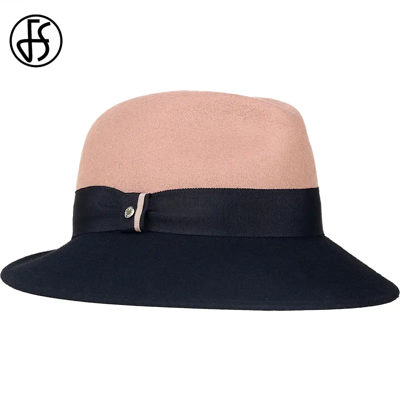 FS Wide Brim Fedora Camel and Black Womens Hats With Ribbon Wool Felt Hats Bowler Hat Chapeau Femme Feutre Ladies Trilby Hat