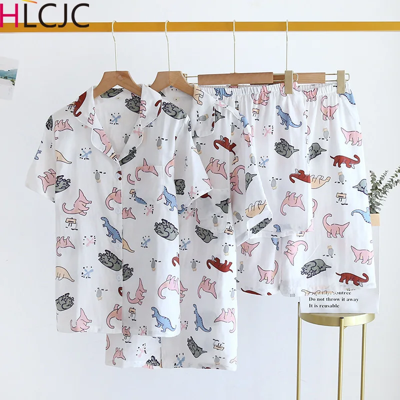 100% Cotton Gauze Short Sleeve Shorts Couples Pajamas Dinosaur Print Pijama Mujer Summer Loungewear Women Sleepwear Home Clothes