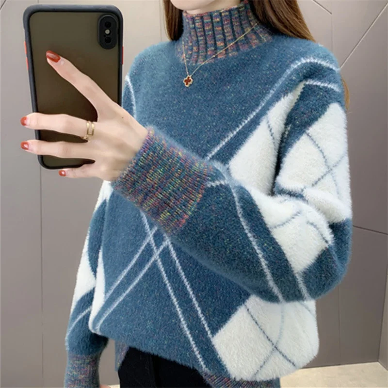 Half High Collar Mink Fleece Patchwork Sweater Women Korean 5 Color Jumper Ladies Autumn Winter Thick Warm Short Pullover Female