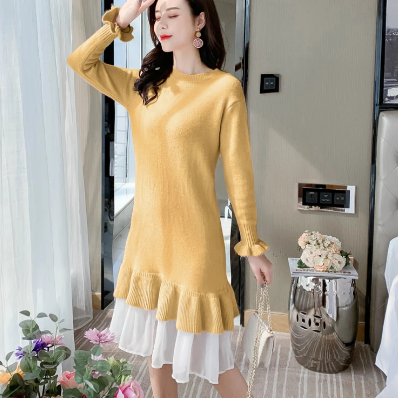 

Winter Women Knitted Sweater Dress Thick Voile Ruffles Hem Long Sleeves Ladies Urban Knee-length Solid Dress Female Oversize
