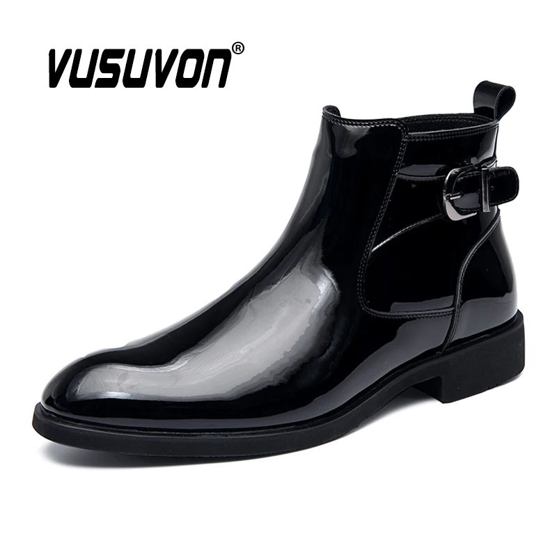 

Leather Men Ankle Boots High Quality Brand Patent Leather Casual Shoes Fashion Black Solid Big Size Men Boots 37-45