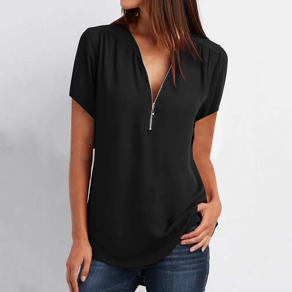 Summer White Black Blouse Woman Fashion Zipper V Neck Casual Shirts Solid Color Female Lady Blouses Tops Tunic Dropshipping