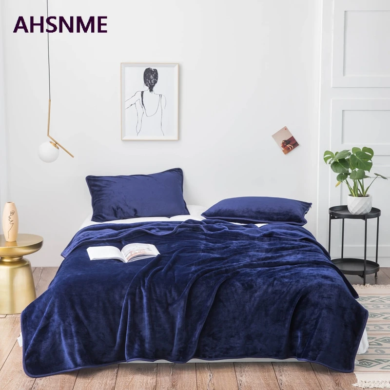 AHSNME Navy Blue Thick Coral Blanket Solid Color Mink Velvet Blanket Soft Sofa Throw Multi Size High Quality Rug Drop Ship