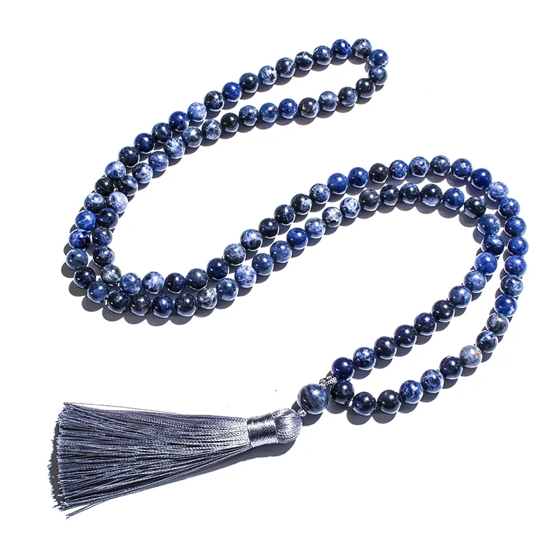 8mm Natural Sodalite Japamala Necklace Meditation Yoga Spirit Jewelry Set 108 Mala Beaded Women\'s Fashion Rosary Tassel Pendant