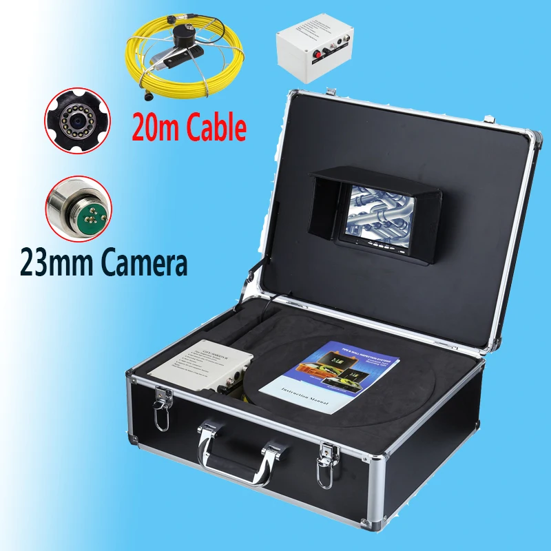 23mm HD Tainless Steel Waterproof Pipe Sewer Drain Endoscope Inspection Camera System 20m Cable 7inch Monitor Industrial Camera