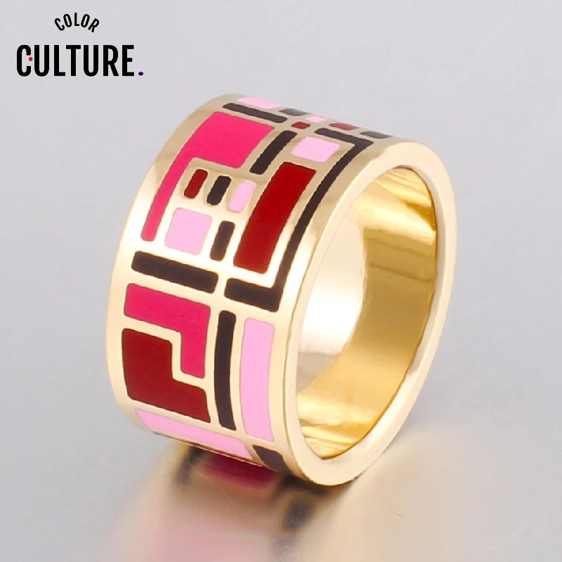 Color Culture New Arrival Stainless Steel Rings for Women  Fashion Pretty Charm Geometric Stripes Gold-Color Big Ring 1.3cm