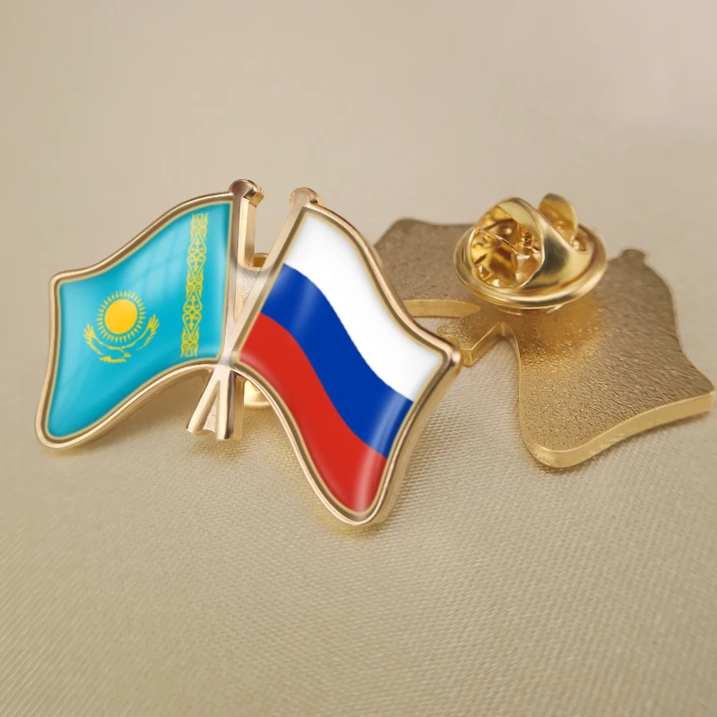 Russian Federation and Kazakhstan Crossed Double Friendship Flags Lapel Pins Brooch Badges