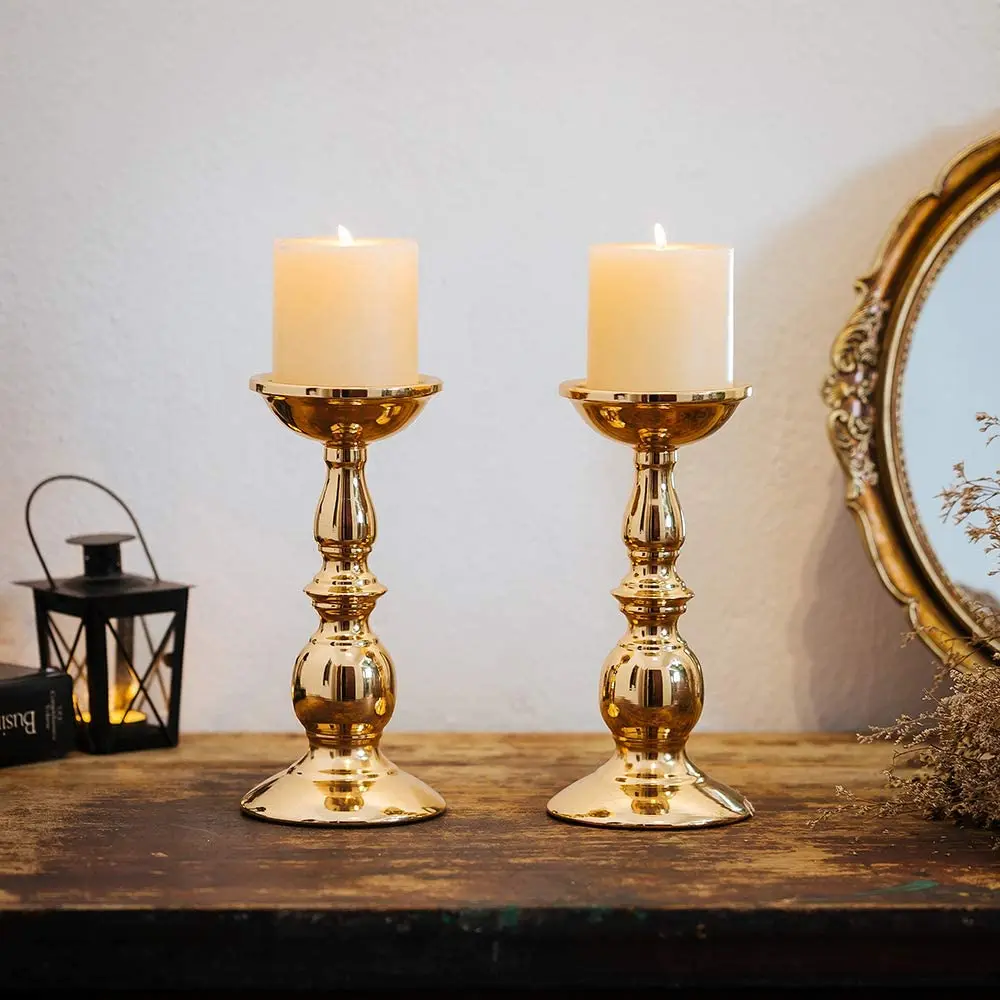 Gold Candlestick Metal Pillar Candle Holders, Flameless Candlestick Holders Stand Centerpieces Decoration Ideal for Weddings 635